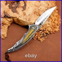 Drop Point Folding Knife Pocket Hunting Survival Tactical Damascus Steel Wood S