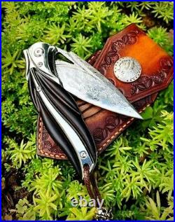 Drop Point Folding Knife Pocket Hunting Survival Tactical Damascus Steel Wood S