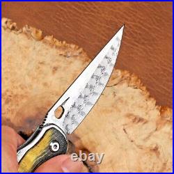 Drop Point Folding Knife Pocket Hunting Survival Tactical Damascus Steel Wood S