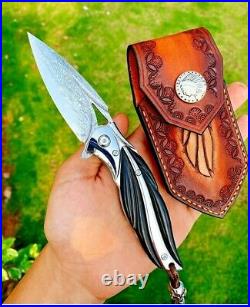 Drop Point Folding Knife Pocket Hunting Survival Tactical Damascus Steel Wood S