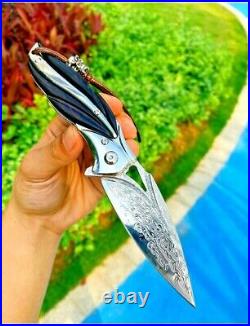 Drop Point Folding Knife Pocket Hunting Survival Tactical Damascus Steel Wood S