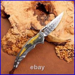 Drop Point Folding Knife Pocket Hunting Survival Tactical Damascus Steel Wood S