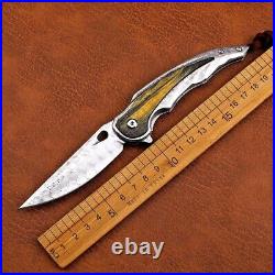 Drop Point Folding Knife Pocket Hunting Survival Tactical Damascus Steel Wood S