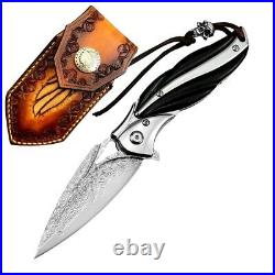 Drop Point Folding Knife Pocket Hunting Survival Tactical Damascus Steel Wood S