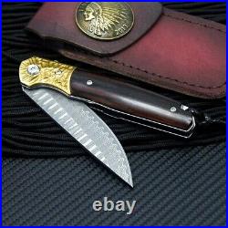 Drop Point Folding Knife Pocket Hunting Survival Wild Damascus Steel Wood Handle