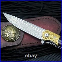 Drop Point Folding Knife Pocket Hunting Survival Wild Damascus Steel Wood Handle