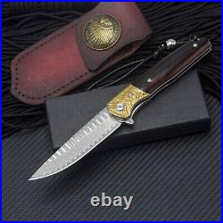 Drop Point Folding Knife Pocket Hunting Survival Wild Damascus Steel Wood Handle