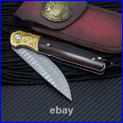 Drop Point Folding Knife Pocket Hunting Survival Wild Damascus Steel Wood Handle