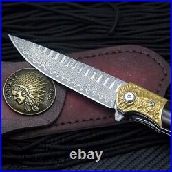 Drop Point Folding Knife Pocket Hunting Survival Wild Damascus Steel Wood Handle