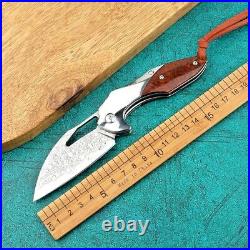 Drop Point Folding Knife Pocket Hunting Tactical Wild Damascus Steel Wood Handle