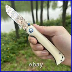 Drop Point Folding Pocket Knife Hunting Survival Camp Copper Damascus Steel Bone