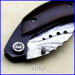 Drop Point Knife Folding Pocket Hunting Survival Tactical Damascus Steel Wood 2