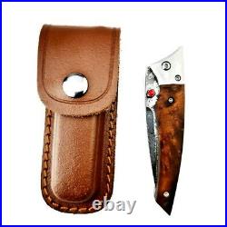 Drop Point Knife Folding Pocket Hunting Wild Survival Damascus Steel Wood Handle