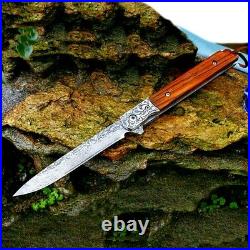 Drop Point Knife Folding Pocket Hunting Wild Tactical Damascus Steel Wood Handle