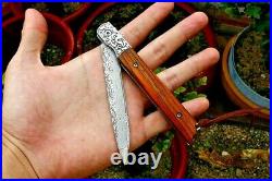 Drop Point Knife Folding Pocket Hunting Wild Tactical Damascus Steel Wood Handle