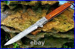 Drop Point Knife Folding Pocket Hunting Wild Tactical Damascus Steel Wood Handle