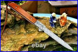 Drop Point Knife Folding Pocket Hunting Wild Tactical Damascus Steel Wood Handle