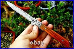 Drop Point Knife Folding Pocket Hunting Wild Tactical Damascus Steel Wood Handle