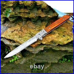 Drop Point Knife Folding Pocket Hunting Wild Tactical Damascus Steel Wood Handle