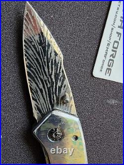 EMA Forge NiobiTi Scales Feather Damascus Pattern Blade Folding Knife lOT