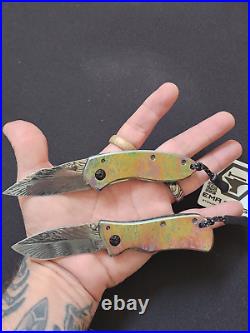 EMA Forge NiobiTi Scales Feather Damascus Pattern Blade Folding Knife lOT