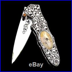 Folding Engraved Knife 440c Steel Blade Engraved Ss. Fossil Bark Handle Pk13009