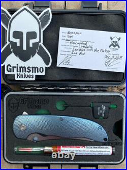 Grimsmo Custom Knives Pocket Knife Norseman Flipper Ice Blue Crosshatch RWL34