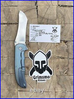 Grimsmo Custom Knives Pocket Knife Norseman Flipper Ice Blue Crosshatch RWL34