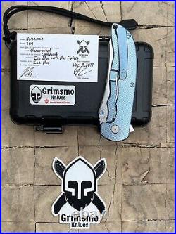 Grimsmo Custom Knives Pocket Knife Norseman Flipper Ice Blue Crosshatch RWL34
