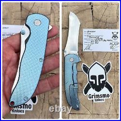 Grimsmo Custom Knives Pocket Knife Norseman Flipper Ice Blue Crosshatch RWL34