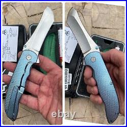 Grimsmo Custom Knives Pocket Knife Norseman Flipper Ice Blue Crosshatch RWL34