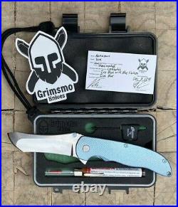 Grimsmo Custom Knives Pocket Knife Norseman Flipper Ice Blue Crosshatch RWL34