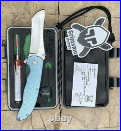 Grimsmo Custom Knives Pocket Knife Norseman Flipper Ice Blue Crosshatch RWL34