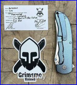 Grimsmo Custom Knives Pocket Knife Norseman Flipper Ice Blue Crosshatch RWL34