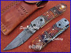 Hand Crafted Damascus Folding Knife- Engraved Hand Flamed Bone Handle