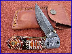 Hand Crafted Damascus Folding Knife- Engraved Hand Flamed Bone Handle