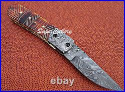 Hand Crafted Damascus Folding Knife- Engraved Hand Flamed Bone Handle