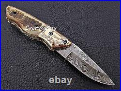 Hand forged Handmade Damascus Folding Knife Engraved Bolster Sheep Horn