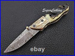 Hand forged Handmade Damascus Folding Knife Engraved Bolster Sheep Horn