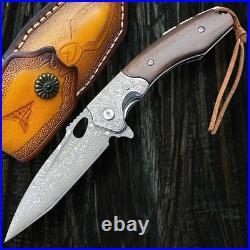 Handcrafted Damascus Steel Folding Knife With Rosewood Handle & Leather Sheath