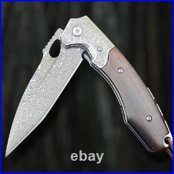 Handcrafted Damascus Steel Folding Knife With Rosewood Handle & Leather Sheath Handcrafted Damascus Steel Folding Knife With Rosewood Handle & Leather Sheath