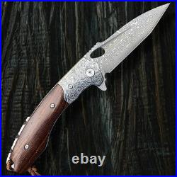 Handcrafted Damascus Steel Folding Knife With Rosewood Handle & Leather Sheath
