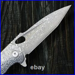 Handcrafted Damascus Steel Folding Knife With Rosewood Handle & Leather Sheath