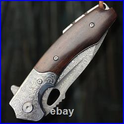 Handcrafted Damascus Steel Folding Knife With Rosewood Handle & Leather Sheath Handcrafted Damascus Steel Folding Knife With Rosewood Handle & Leather Sheath