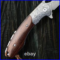 Handcrafted Damascus Steel Folding Knife With Rosewood Handle & Leather Sheath