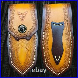 Handcrafted Damascus Steel Folding Knife With Rosewood Handle & Leather Sheath