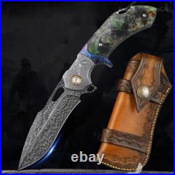 Handcrafted Feather Knife Damascus Steel Folding Pocket Knife Flipper with Sheath