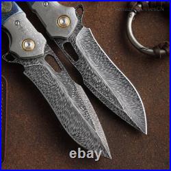 Handcrafted Feather Knife Damascus Steel Folding Pocket Knife Flipper with Sheath