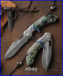 Handcrafted Feather Knife Damascus Steel Folding Pocket Knife Flipper with Sheath