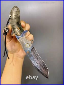 Handcrafted Feather Knife Damascus Steel Folding Pocket Knife Flipper with Sheath